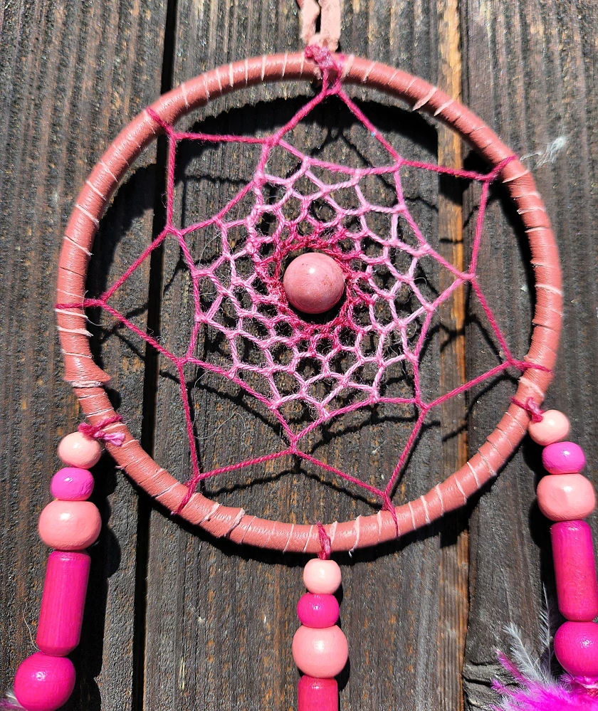 Lapač snů-authentic-Ø 8cm -starorůžový s rodonitem