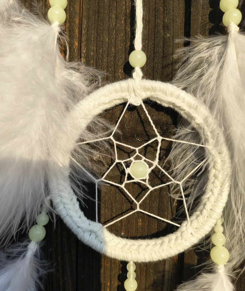 Lapač snů -NEON- Ø 16 cm - bílý (svítící korálky)