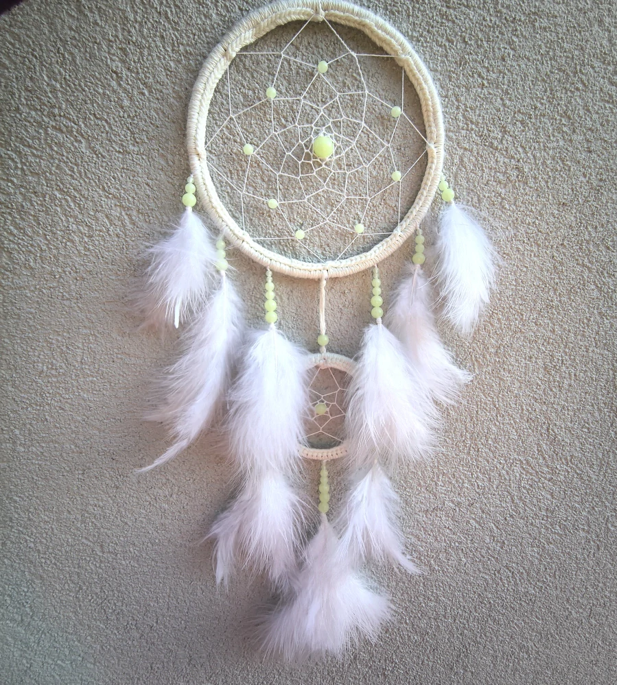 Lapač snů -NEON- Ø 16 cm - bílý (svítící korálky)