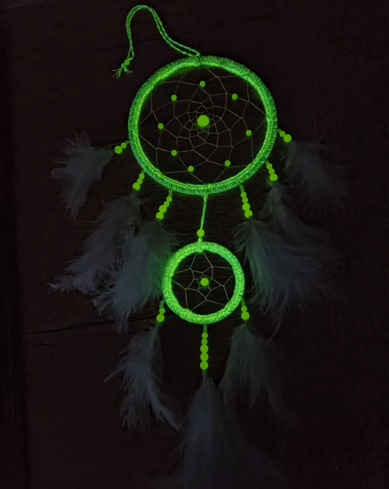 Lapač snů -NEON- Ø 16 cm - bílý (svítící korálky)